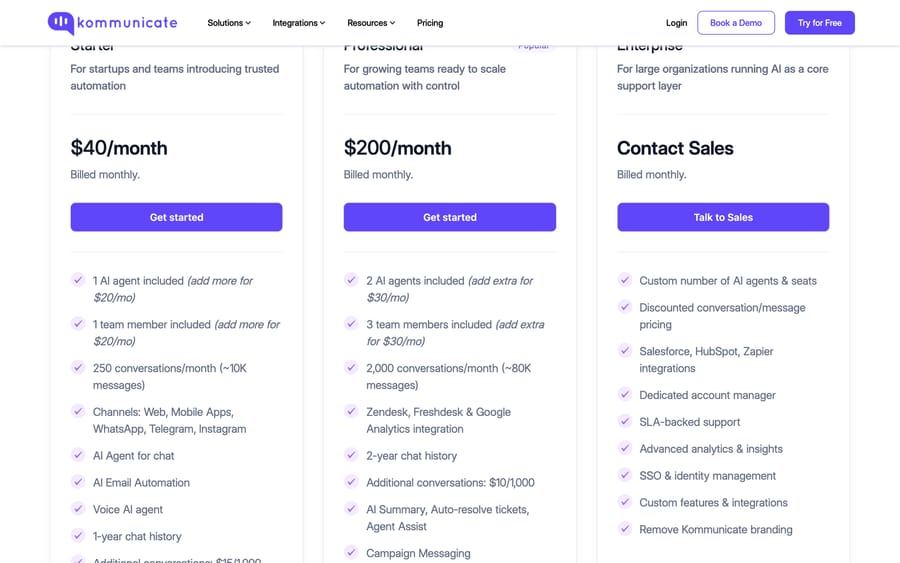 Kommunicate's pricing tiers.