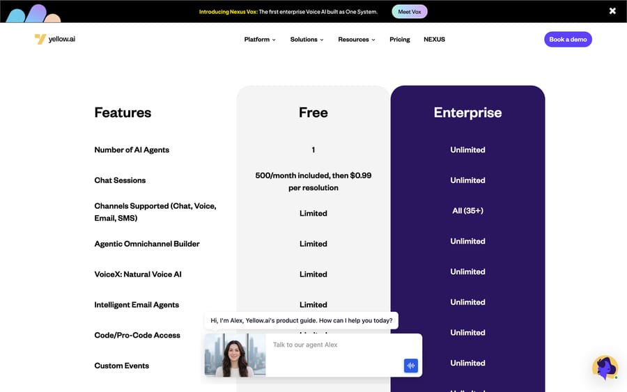 Yellow.ai's pricing page — quote-based, with no public list prices or tiers.
