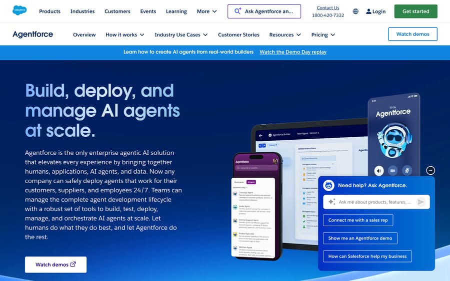 Salesforce Agentforce's homepage — "build, deploy, and manage AI agents at scale."