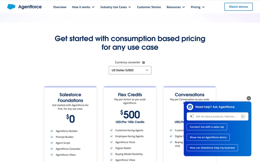 Agentforce's consumption-based pricing: $0 Foundations and Flex Credits at $500 per 100k credits (pay-per-action).