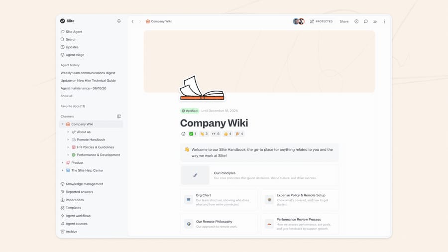 A Slite company wiki, with the doc verification stamp shown top-left.