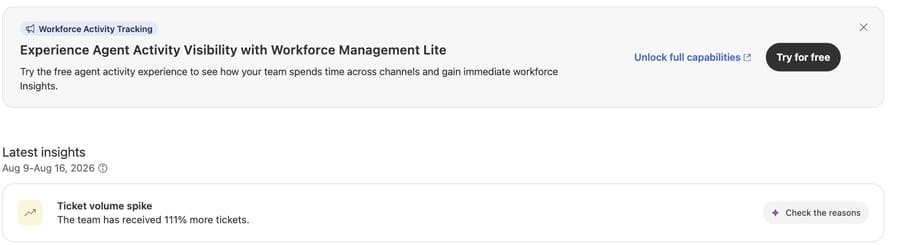 Admin Center home page showing an upgrade promotion above the Latest insights panel flagging a 111% ticket spike