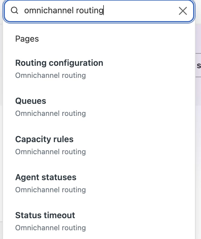 Admin Center search for omnichannel routing returning five separate settings pages