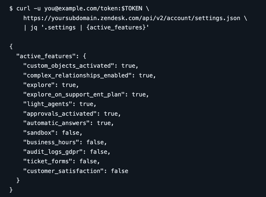 Terminal output of the Zendesk account settings API showing twelve active_features flags with true and false values