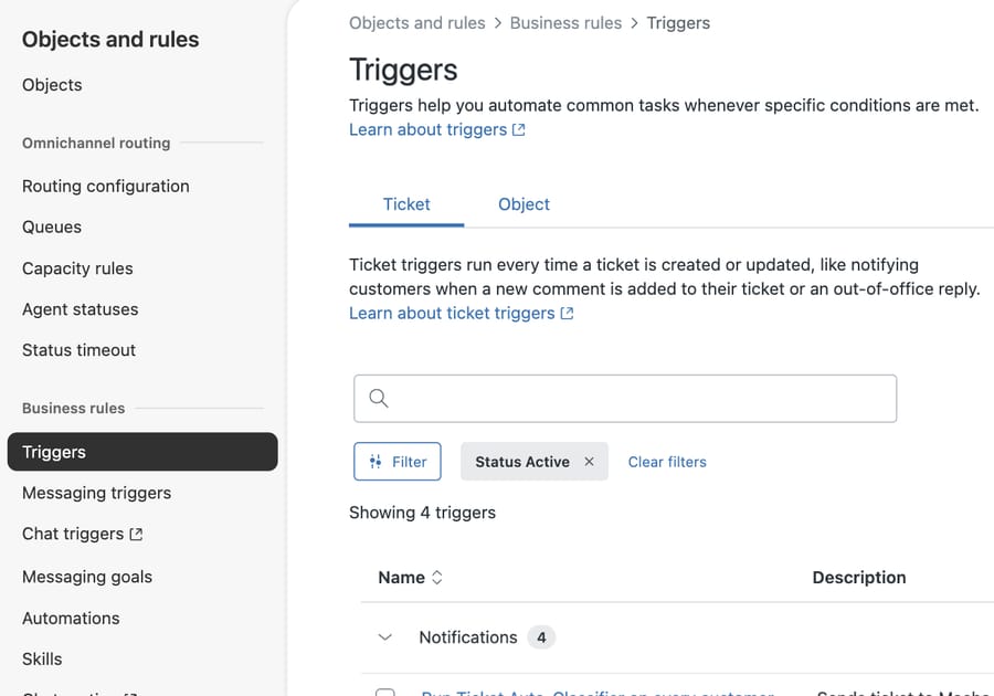 Objects and rules sidebar showing the Omnichannel routing and Business rules groups with Triggers open