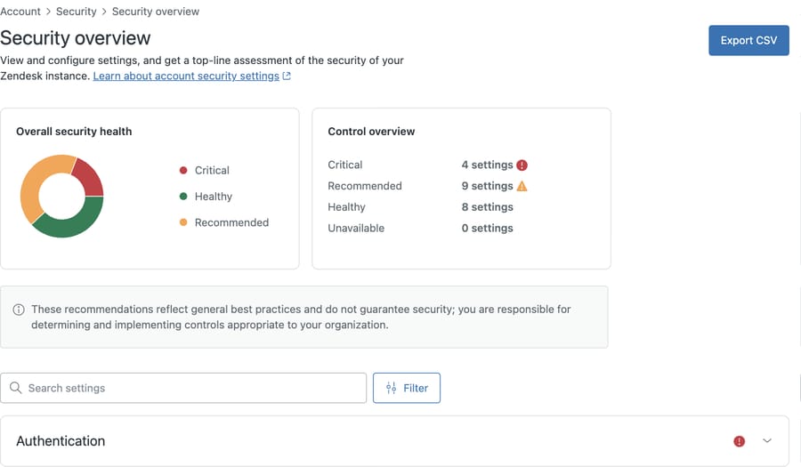 Zendesk Security overview showing the health donut, Control overview totals and the Export CSV button