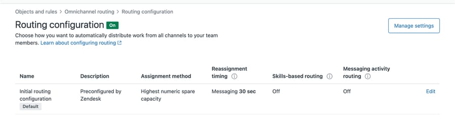 Zendesk routing configuration page showing routing On with the default Zendesk-preconfigured settings
