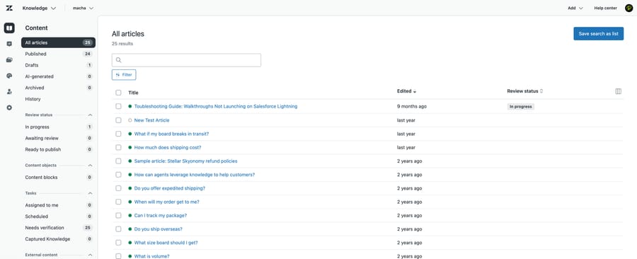 Zendesk Knowledge admin showing 25 articles, 24 published, 1 draft, and a Needs verification count of 25