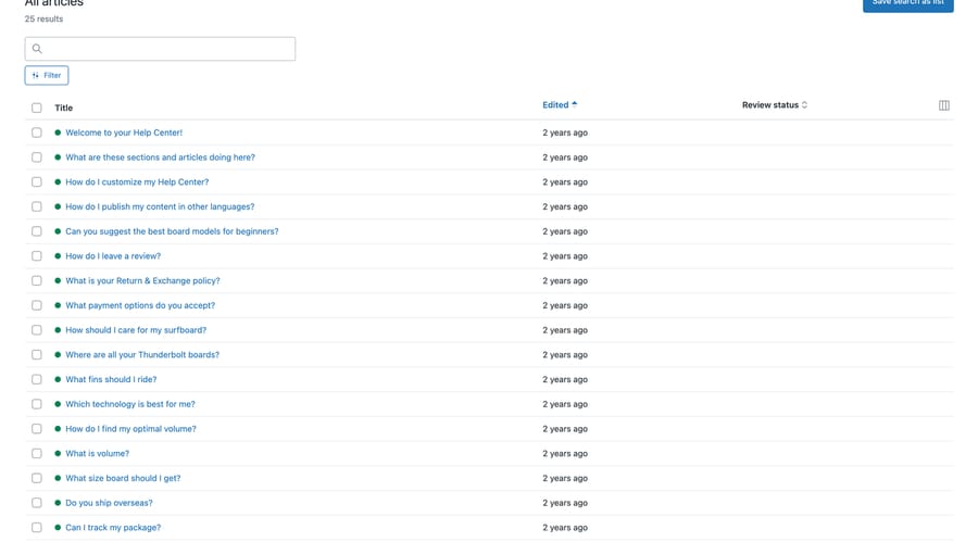 Zendesk Knowledge admin listing 25 articles sorted by the Edited column, every visible row reading two years ago