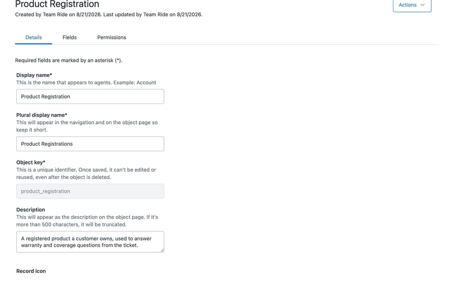 Product Registration custom object details in Zendesk Admin Center, with the object key field greyed out