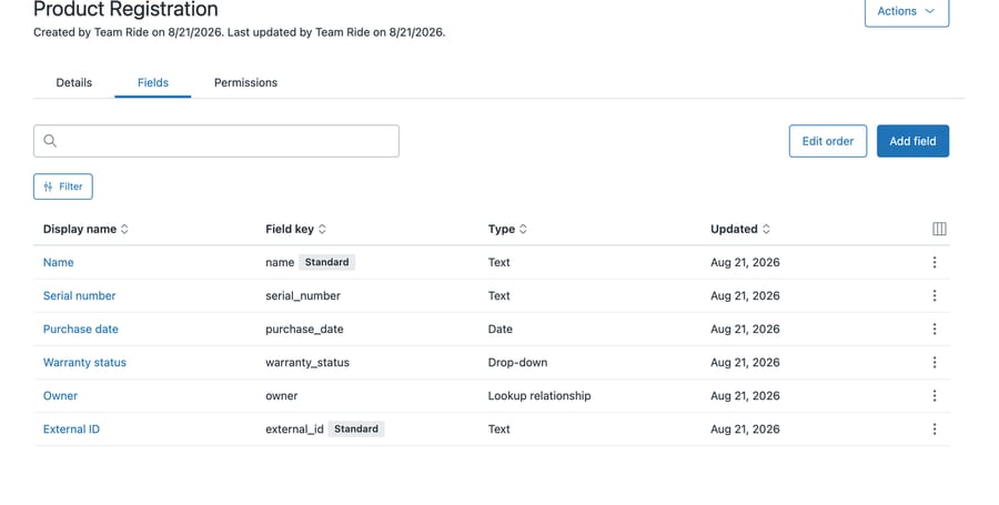 Custom object fields list: Name and External ID badged Standard, plus four added fields