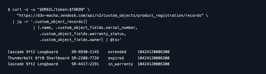Zendesk API response listing three records, the last column a numeric owner user ID