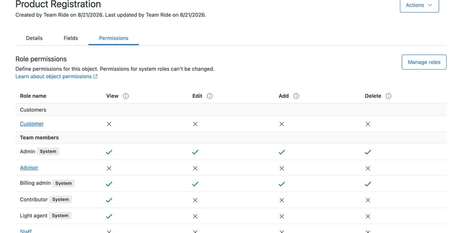 Zendesk custom object Permissions tab showing a role matrix with View, Edit, Add and Delete columns, several roles badged System