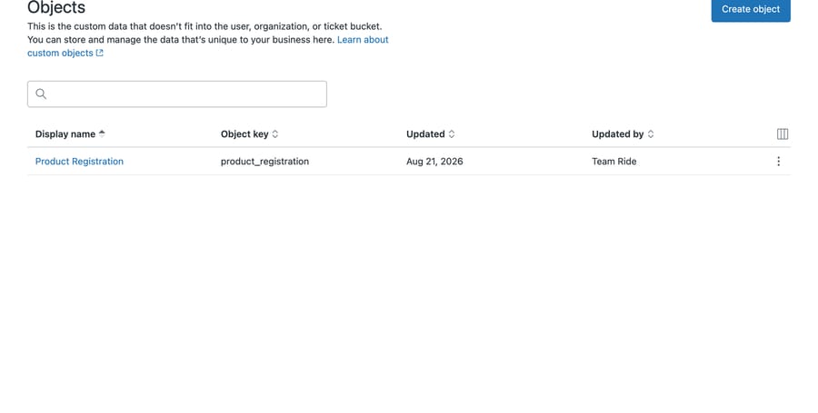 Zendesk Admin Center Objects page describing custom objects as the custom data that doesn't fit the user, organization or ticket bucket