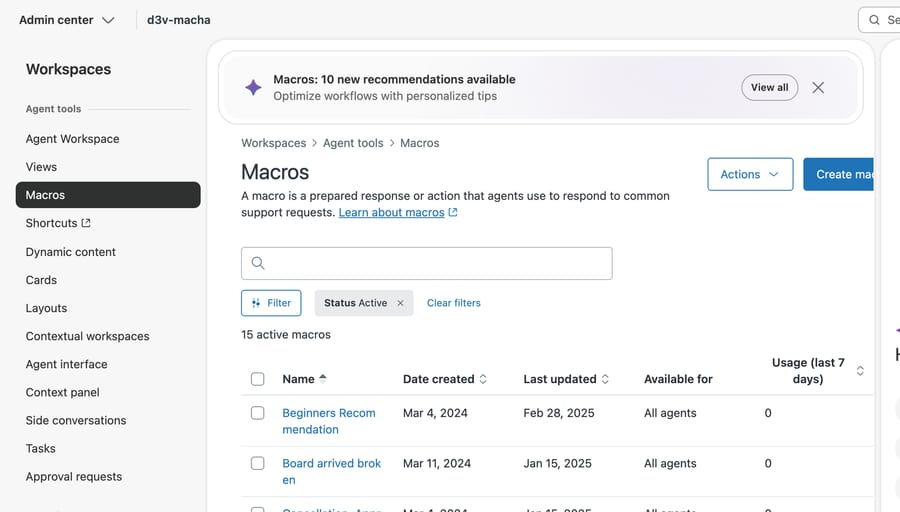 Zendesk Workspaces sidebar with Macros selected and the breadcrumb reading Workspaces, Agent tools, Macros
