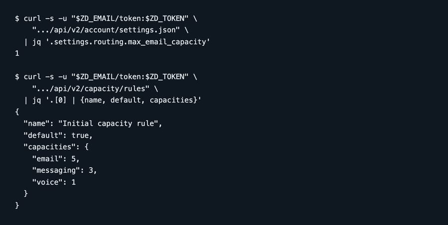 Two Zendesk API calls on one account: account settings returns max_email_capacity 1, capacity rules returns email 5