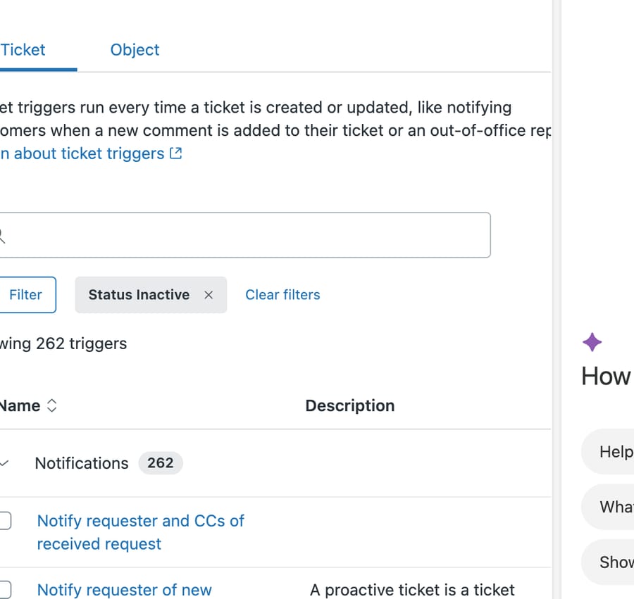 Zendesk trigger list filtered to Status Inactive, showing 262 triggers under a single Notifications category