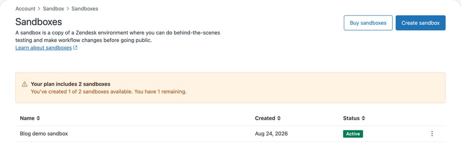 Zendesk Sandboxes list: Blog demo sandbox, created Aug 24 2026, Status Active, under an amber "1 of 2 sandboxes" banner