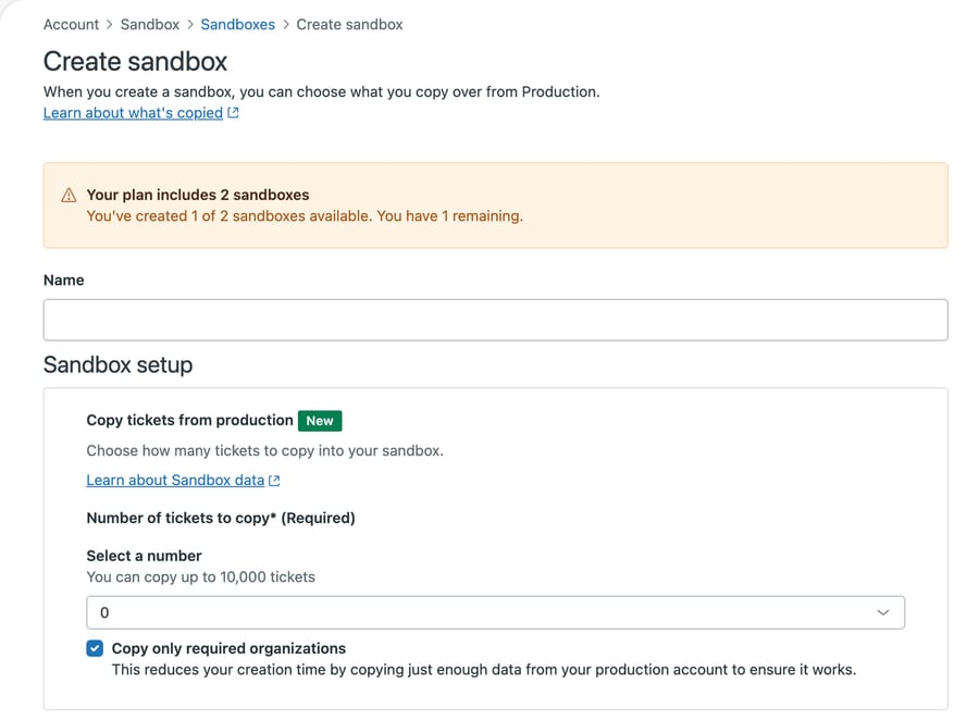 Zendesk Create sandbox form: name, "Copy tickets from production" marked New, and a 10,000-ticket cap