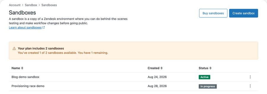 Zendesk Sandboxes: the banner counts 1 of 2 while two sandboxes are listed, one Active and one In progress
