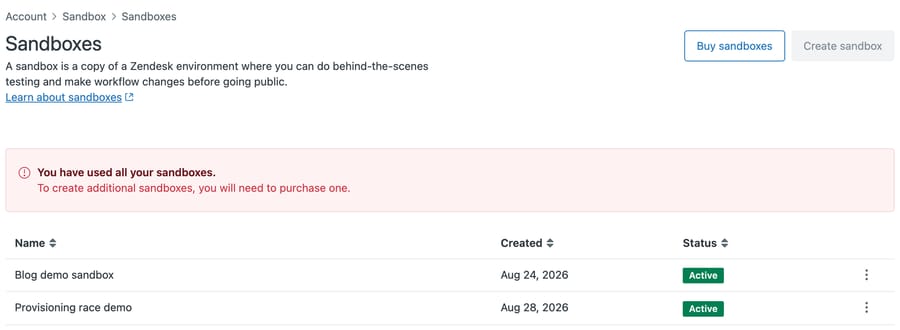 Zendesk Sandboxes: a red banner saying the allowance is spent, both sandboxes Active, Create disabled