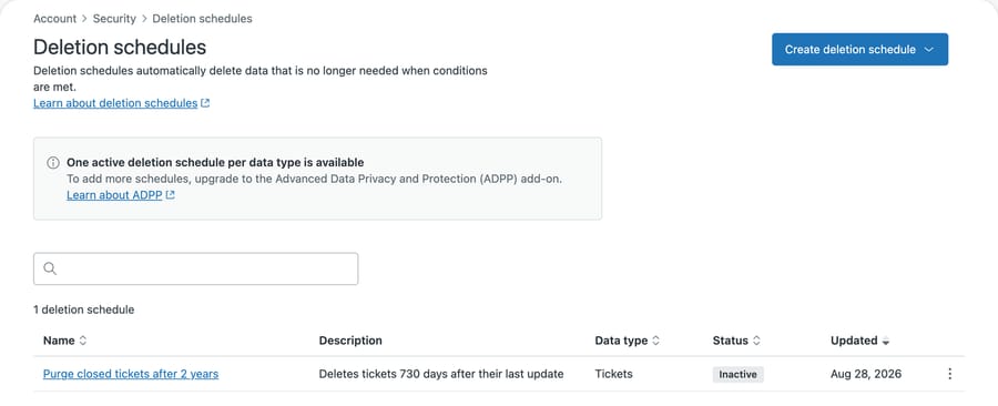 Zendesk Deletion schedules: one inactive schedule, "Purge closed tickets after 2 years", under an ADPP upgrade banner