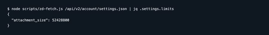 Terminal: a jq query on account settings returning limits.attachment_size of 52428800 bytes