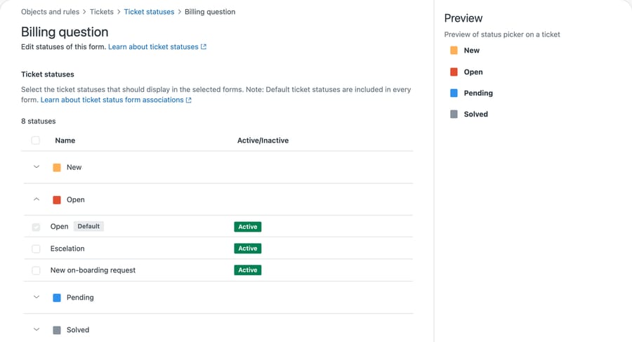 Zendesk form status editor: Open ticked and locked as Default, while Escelation and New on-boarding are Active but unticked