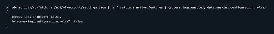 Terminal: an authenticated settings query returning access_logs_enabled false and data_masking_configured_in_roles false