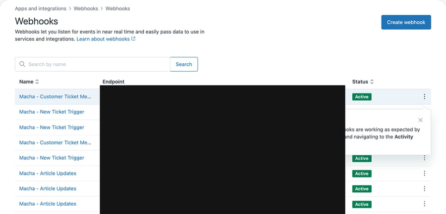 Zendesk Webhooks list: eight active webhooks with duplicated names, endpoint URLs redacted