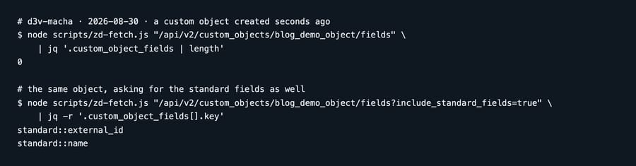 Terminal: the same fields call with include_standard_fields=true returning the two predefined standard fields