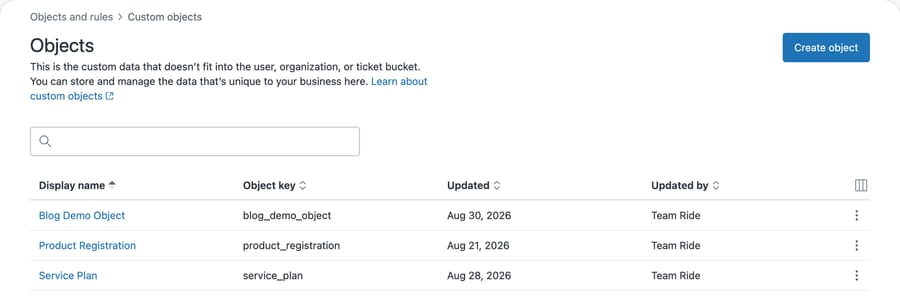 The Zendesk custom objects list showing three objects with their display names and object keys