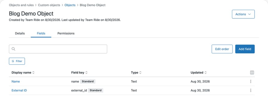 The Fields tab of a newly created Zendesk custom object listing Name and External ID, each badged Standard