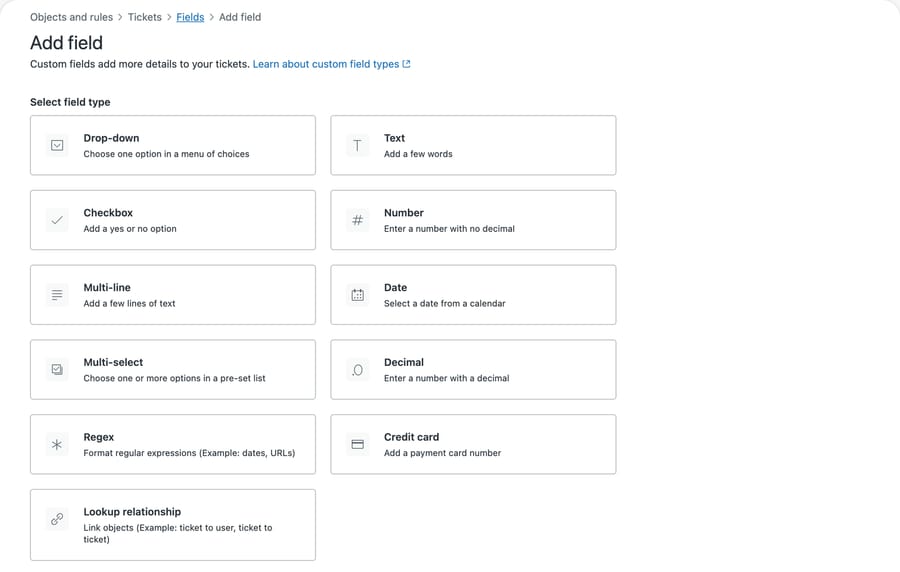 The Zendesk ticket field type picker, with Lookup relationship listed last and described as linking objects, for example ticket to user
