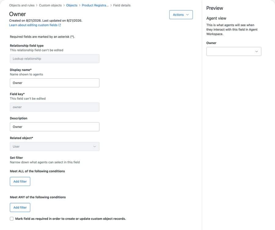 The Owner lookup field on a Zendesk custom object, with relationship field type and field key both locked after saving and Related object set to User