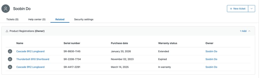 The Related tab on a Zendesk end-user profile, with a panel headed Product Registrations (Owner) listing three records with their serial numbers, purchase dates and warranty statuses