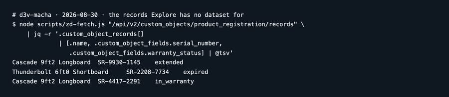 Terminal: the custom object records endpoint returning three product registration rows with their serial numbers and warranty statuses