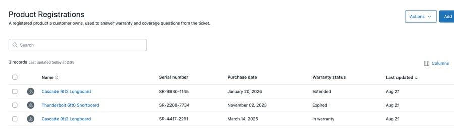 The Zendesk agent records page for a custom object, listing three product registrations with serial number, purchase date and a warranty status column reading Extended, Expired and In warranty