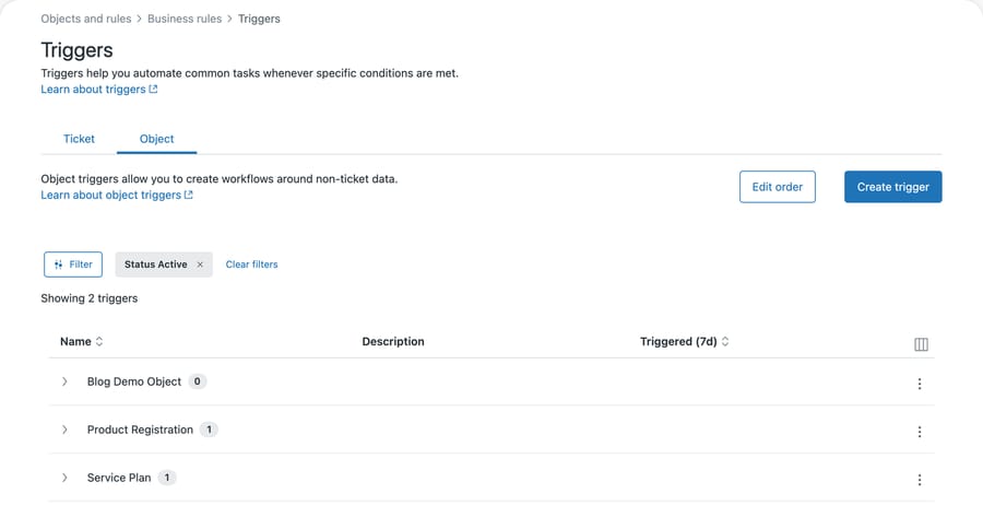 The Zendesk Triggers page on its Object tab, listing object triggers grouped under Blog Demo Object, Product Registration and Service Plan with per-object counts and a Triggered 7d column