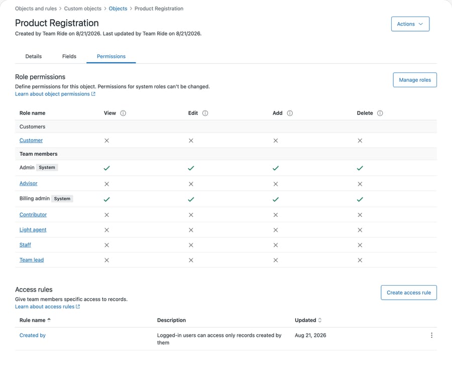 The Permissions tab of a Zendesk custom object, showing the Customer role with no view, edit, add or delete, and an Access rules section carrying a Created by rule limiting logged-in users to their own records