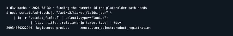 Terminal: listing ticket fields of type lookup returns the numeric field id, its title and the custom object it targets