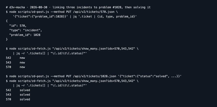 Terminal: setting problem_id on an incident, the three linked incidents reading new, then all three reading solved after the problem was solved