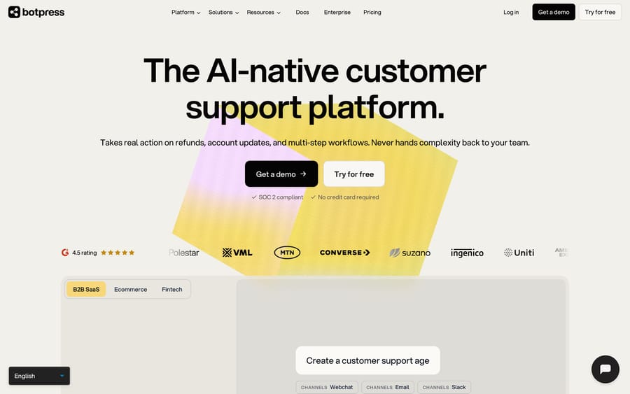 Botpress homepage headline reading The AI-native customer support platform, with Get a demo and Try for free buttons, a 4