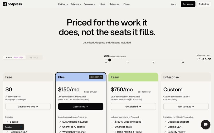 Botpress pricing page with annual billing selected and four plans: Free at $0 for 25 conversations