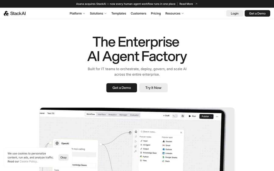 StackAI homepage with an Asana acquisition banner across the top, the Enterprise AI Agent Factory headline