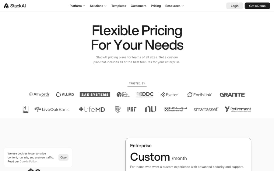 StackAI pricing page with the Flexible Pricing For Your Needs headline, a Trusted by logo strip including BAE Systems