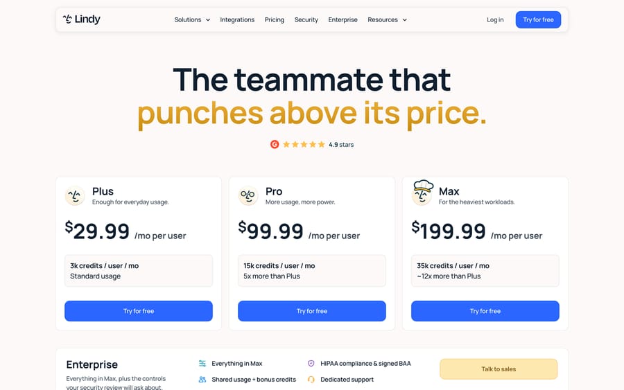 Lindy's pricing page showing Plus at $29.99, Pro at $99.99 and Max at $199.99 per user per month, with 3k