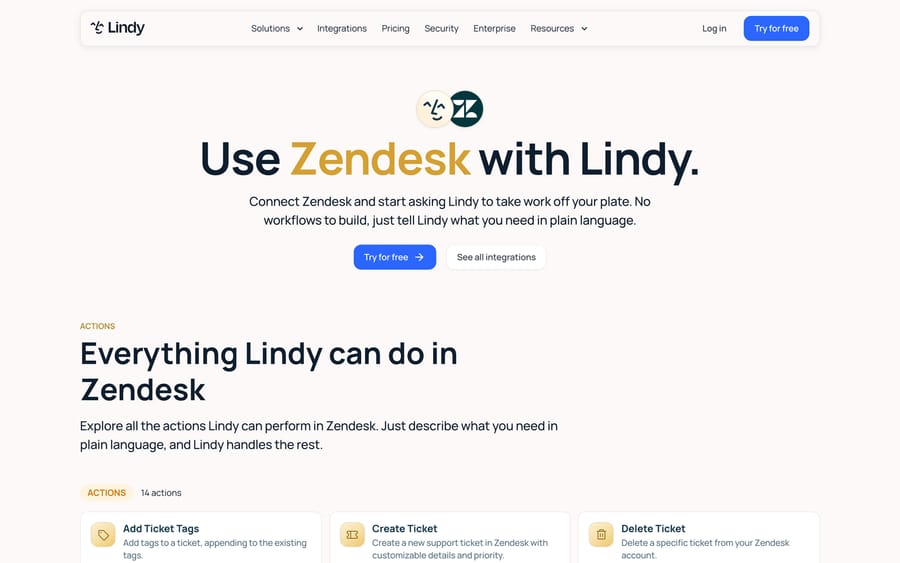 Lindy's Zendesk integration page, headed "Use Zendesk with Lindy," listing 14 actions including Add Ticket Tags