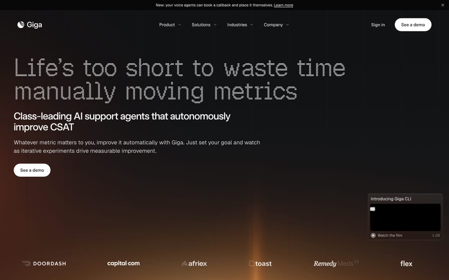 Giga homepage reading Class-leading AI support agents that autonomously improve CSAT