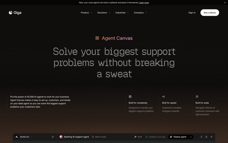Giga Agent Canvas page headlined Solve your biggest support problems without breaking a sweat